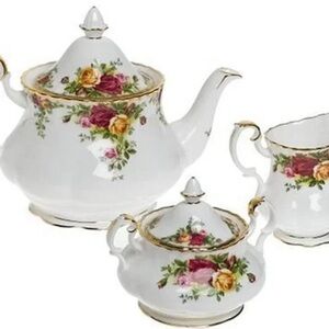 Royal Albert Old Country Roses 3-Piece (Teapot, Sugar & Creamer) Tea Set